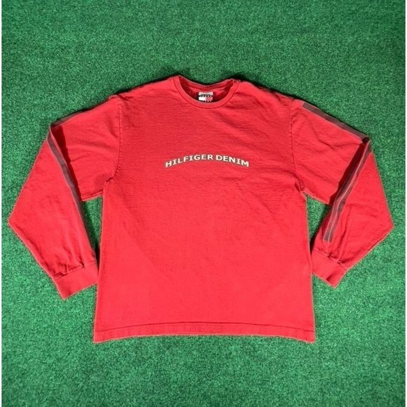 Tommy Jeans Hilfiger Denim‎ Red Long Sleeve Shirt Mens Size Large - Picture 1 of 6